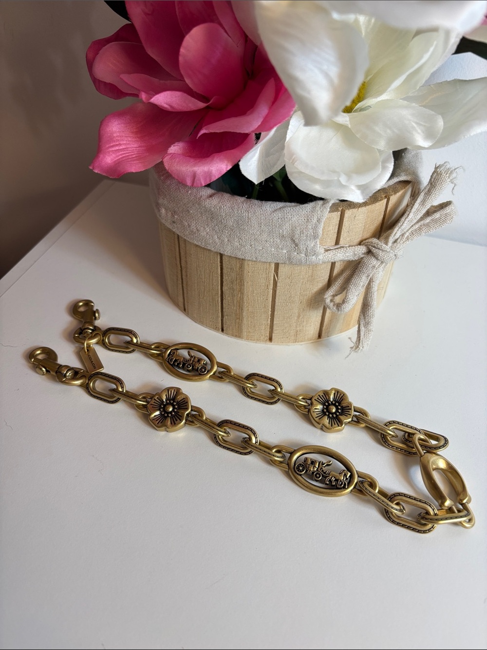 COACH Brass Horse and Carriage Tea Rose Chain Strap Bag Charm